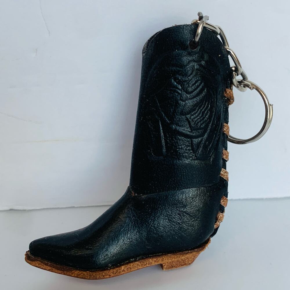 Cowboy Black Leather Boot Keychain Embossed Horse Head in Horseshoe Emblem